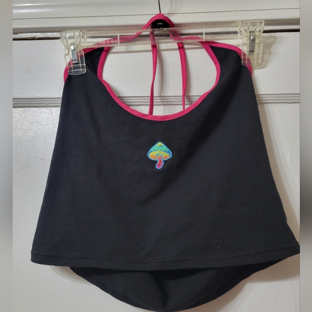 Black halter crop top with pink ties and small neon rianbow mushroom size L NWT